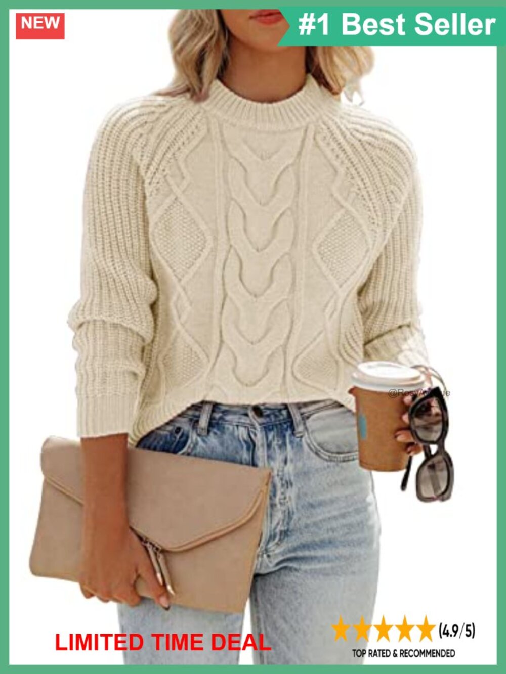 Women's Ribbed Knit Cable Pullover Sweater Crew Neck Long Sleeve